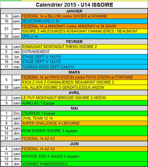 Calendrier U14 2016