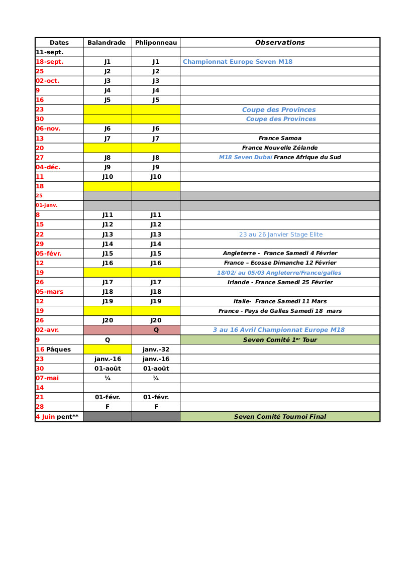 calendrier U18 2016-2017